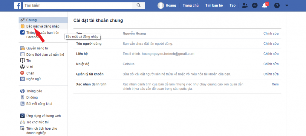 Chọn bảo mật và đăng nhập trong phần cài đặt facebook