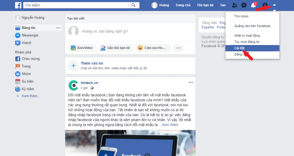 Cài đặt tài khoản facebook