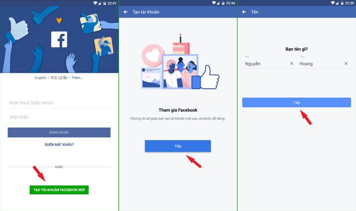 Truy cập form đăng ký facebook trên Android