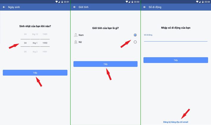 Chọn đăng ký facebook bằng Email