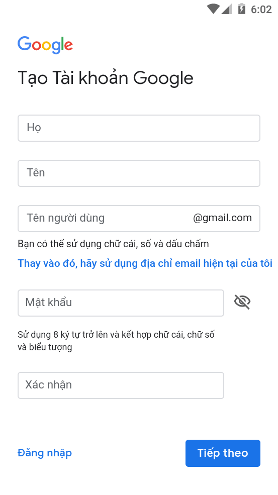 Điền thông tin tài khoản Gmail mới