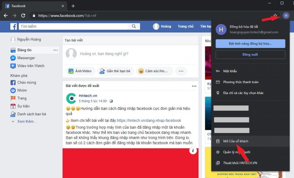 Facebook đang nhap thêm tài khoản khác bằng cửa sổ mới