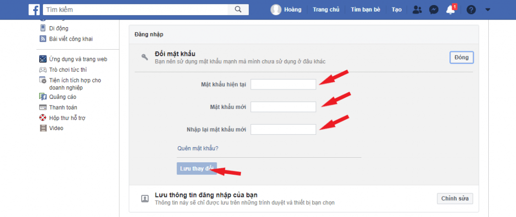 Điền thông tin mật khẩu cũ và mới