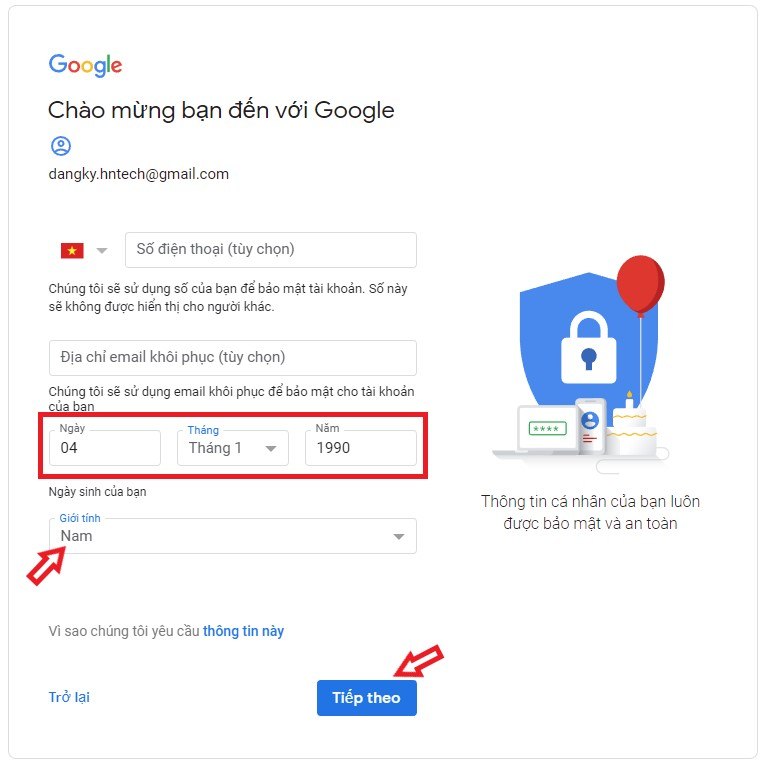 Nhập ngày sinh và giới tính đăng ký gmail