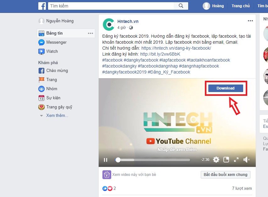 Nút Download trên video facebook sau khi cài tiện ích