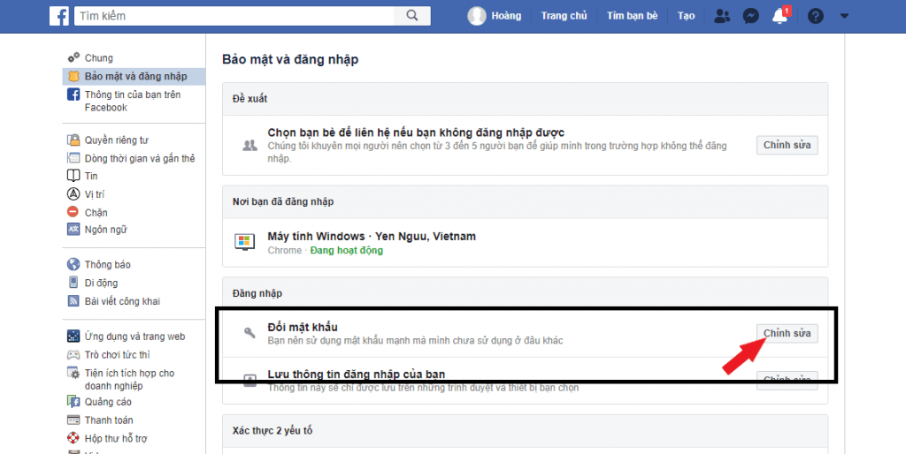 Tìm đến phần thay đổi mật khẩu cho facebook